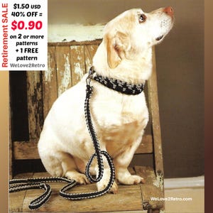 May include: A cream-coloured Labrador Retriever sits on a wooden chair, wearing a black and silver patterned collar and lead. The dog looks upwards. The image includes text that reads "Retirement SALE" and "WeLove2Retro."