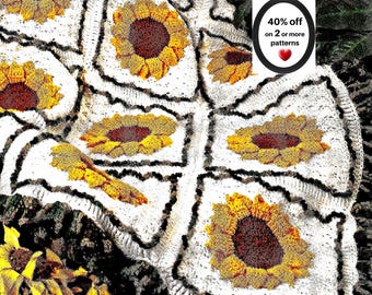 Bald nicht mehr erhältlich* Häkelanleitung für eine quadratische Sonnenblumen-Decke (Oma-Stil) • Boho-Blumendecke (Vintage-PDF)