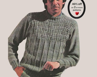 May include: A sage green long-sleeve knit sweater featuring a textured basketweave pattern across the upper chest and shoulders, transitioning into vertical ribbed panels below. A circular badge displays the text 40% off on 2 or more patterns.