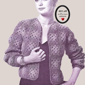 May include: A purple crochet cardigan made of square motifs with long sleeves and an open front. The image includes a black oval badge with the text 40% off on 2 or more patterns and a red heart icon.