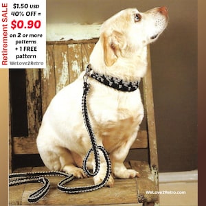 May include: A cream-colored Labrador Retriever sits on a wooden chair, wearing a black and silver patterned collar and leash. The dog looks upwards. The image includes text that says "Retirement SALE" and "WeLove2Retro".