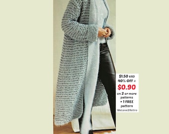 Wzór na gruby sweter • Kurtka damska w stylu retro, wygodny długi fason (PDF)