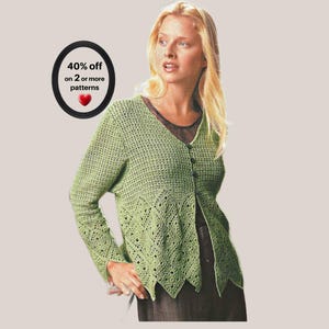 May include: A light green long-sleeved crochet cardigan with a V-neckline, button-front closure, and a decorative openwork pattern along the hem and sleeves. A black circular graphic displays the text 40% off on 2 or more patterns with a red heart.