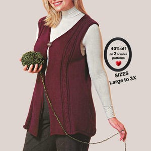 May include: A sleeveless burgundy vest featuring a single button closure at the neckline and vertical cable knit detailing. The garment is worn over a light gray long-sleeve shirt. Text on the image reads 40% off on 2 or more patterns SIZES Large to 3X.