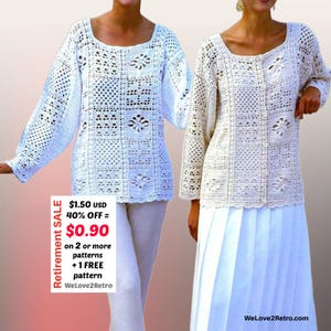 May include: Two cream-coloured crochet tops with square necklines and long sleeves. One is a pullover, the other a button-up cardigan. Both feature floral and geometric patterns. The image includes text indicating a retirement sale.