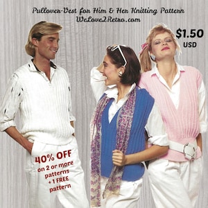 580 Knit Vest Pattern PDF – Vintage Unisex Pullover, Easy Sleeveless Waistcoat, Slipover Knitting Design, Easy Pullover Slipover, Knit Vest