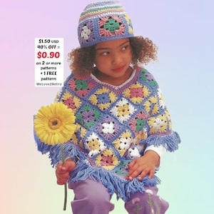 RETIREMENT-SALE***  Crochet Poncho Pattern PDF – Girls Granny Square Cape Hat, Easy Boho Beanie