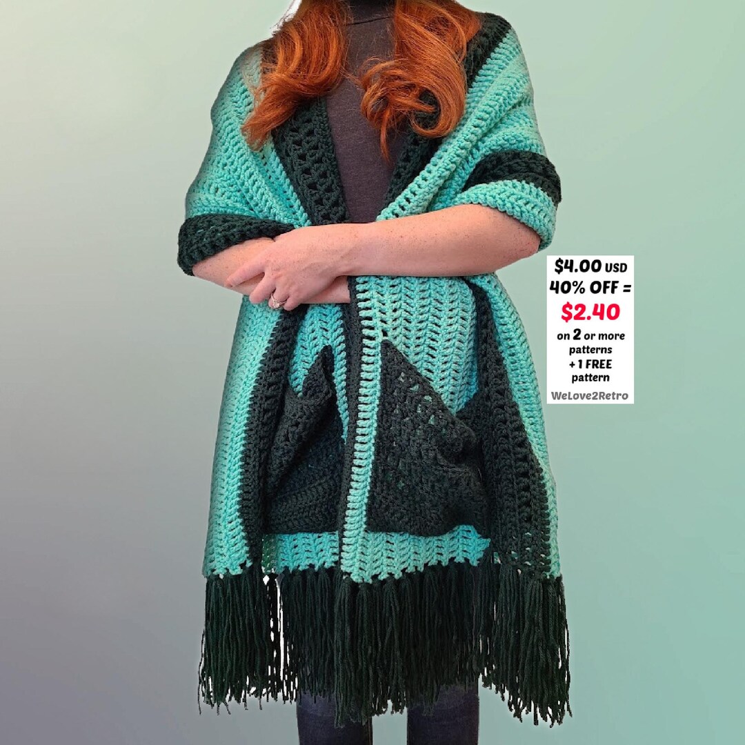 RETIREMENT-SALE*** Crochet Pocket Shawl - Easy Boho Wrap Fringe ...