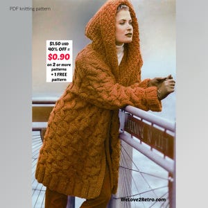 RETIREMENT-SALE***  Chunky Knit Hooded Coat Pattern PDF – Vintage Cardigan, Easy Sweater Jacket
