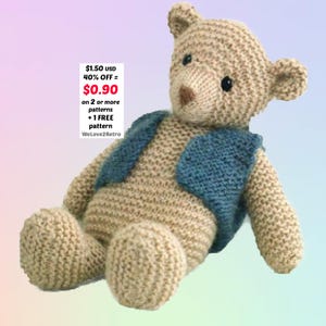 Knit Teddy Bear Pattern PDF, Easy Vintage Plush Toy, Boho Stuffed Animal