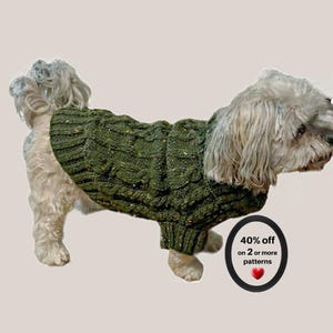 May include: A small, light-colored dog wearing a dark olive green cable-knit sweater with a textured, speckled finish. The sweater features ribbed cuffs and a high neck. A black oval badge displays the text 40% off on 2 or more patterns.