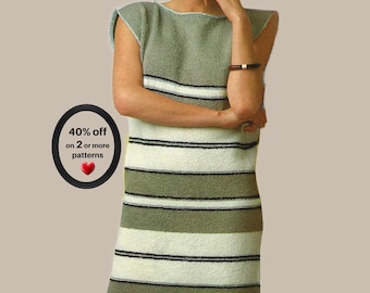May include: A sleeveless knit dress featuring horizontal stripes in shades of sage green, cream, and dark charcoal. The garment has a boat neckline and a straight silhouette. A circular graphic on the left displays the text 40% off on 2 or more patterns.