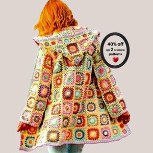May include: A hooded cardigan constructed from multicoloured crochet granny squares in shades of yellow, pink, blue, and red. The garment features long sleeves and a hood. Text on the image reads: 40% off on 2 or more patterns.