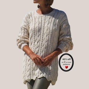 May include: An off-white long-sleeve sweater featuring a vertical cable knit pattern with openwork details, a round neckline, and ribbed cuffs. A circular black badge on the right side displays the text 40% off on 2 or more patterns with a red heart.