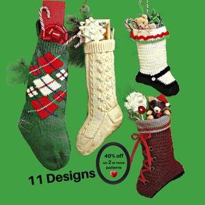 May include: Four knitted and crocheted Christmas stockings. One green with red and white argyle, one cream cable knit, one white with black trim and a teddy bear, and one dark red lace-up boot style with a teddy bear. Text reads 11 Designs.