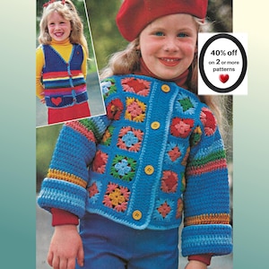 May include: A crochet cardigan featuring a blue base with multi-colored granny square panels, long sleeves with striped cuffs, and yellow buttons. A smaller inset shows a matching blue crochet vest with a red heart motif. Text reads 40% off on 2 or more patterns.