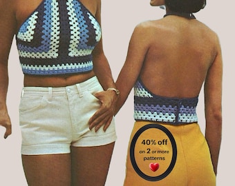 May include: A crochet halter top featuring a geometric pattern in shades of dark blue, light blue, and white. The top is paired with white shorts on one side and yellow shorts on the other. A circular graphic displays the text 40% off on 2 or more patterns.