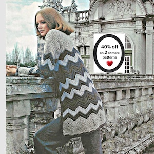 May include: A long-sleeved crochet sweater featuring a multi-colored chevron pattern in shades of beige, blue, and brown. A circular graphic overlay displays the text 40% off on 2 or more patterns with a red heart icon.