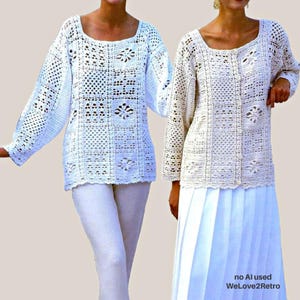 May include: Two white crochet long-sleeve tops featuring intricate square patterns and floral motifs. One top is a pullover with a scoop neckline, while the other is a button-down cardigan. The text "no AI used WeLove2Retro" is visible at the bottom.