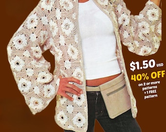 Chunky Granny Square Cardigan Pattern PDF – Easy Crochet Patchwork Jacket, Handmade Boho Festival Cardigan - 504