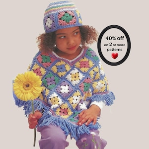 RETIREMENT-SALE*  Girls Crochet Poncho and Beanie Pattern • Vintage Granny Square Boho Set (PDF)