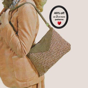 May include: A tan crochet shoulder bag with a triangular suede flap and a long strap. The bag features a textured, woven pattern and a circular graphic with the text 40% off on 2 or more patterns and a small red heart icon.
