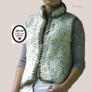 May include: A sleeveless knit vest in a speckled cream and olive green yarn with a high collar and a front button closure. A graphic on the left displays the text 40% off on 2 or more patterns with a heart icon. The text PDF Pattern is visible.