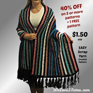 118-2  Easy Scrap Yarn Crochet Shawl Pattern, Boho Wrap, Stash Buster PDF, Leftover Yarn Crochet Pattern , scrap yarn ideas, PDF, DIY.