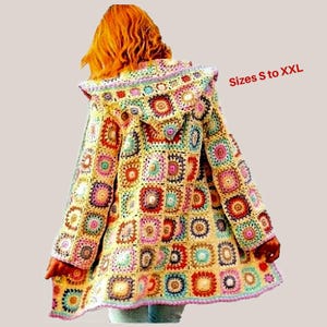 May include: A hooded, multi-colored crochet jacket featuring a patchwork design. The jacket is composed of various square motifs in shades of yellow, pink, blue, and green. The text "Sizes S to XXL" is visible on the right side of the image.