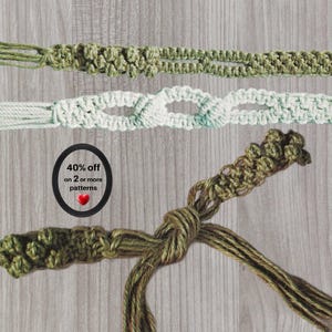 May include: Three macrame cord strips featuring intricate knotted patterns in olive green and off-white. A black circular graphic contains the text 40% off on 2 or more patterns with a small red heart icon below the text.