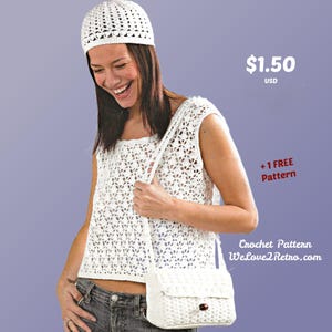 728 Haakpatroon muts, schoudertas en crop-top voor dames +1 GRATIS HAAKPATROON, gehaakte zonnetop, gehaakte katoenen top, gehaakte boho-top.