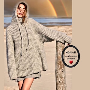 ABVERKAUF* Strickanleitung für einen grob gestrickten Kapuzenpullover (PDF) • Lässiger Pullover • Gemütliche Wintertunika (Retro)