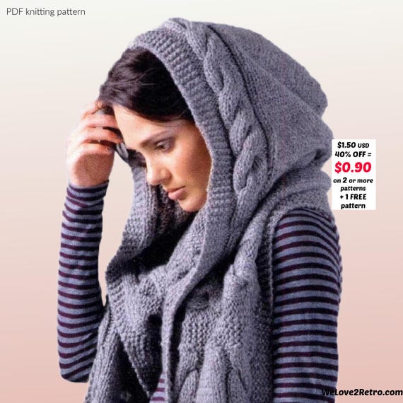 RETIREMENT-SALE*** Knit Hooded Scarf Pattern - Easy Cable  display picture 3