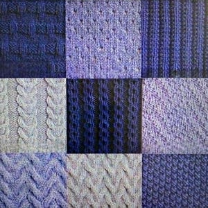 May include: Nine squares showcasing various knitted textures in shades of blue and purple. The patterns include cable knits, ribbed designs, and textured stitches, offering a visual display of different knitting techniques and yarn textures.