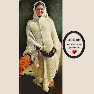 May include: An off-white knitted hooded poncho featuring a front button closure, cable knit detailing along the sides, and long fringe trim along the hem. A circular graphic to the right displays the text 40% off on 2 or more patterns with a red heart.