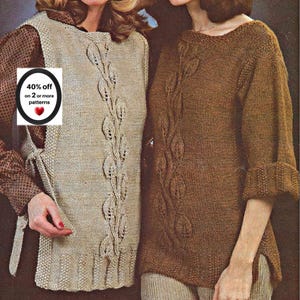 May include: A beige sleeveless knit vest and a brown knit sweater, both featuring a vertical leaf-patterned cable knit design down the center. The beige vest has side ties, and the brown sweater has three-quarter sleeves. Text reads: 40% off on 2 or more patterns.