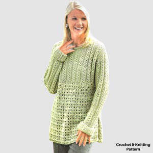 May include: A light green crochet sweater with long sleeves and a textured pattern. The sweater has a split hem and ribbed cuffs. The text "Crochet & Knitting Pattern" is visible in the lower right corner.