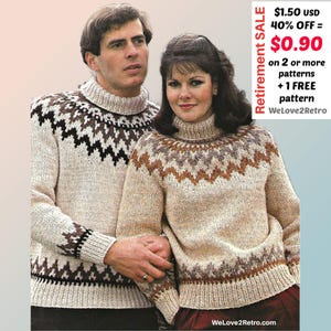 May include: A pair of matching beige turtleneck sweaters with brown and black geometric patterns. The image includes the text "Retirement SALE" and "WeLove2Retro.com".