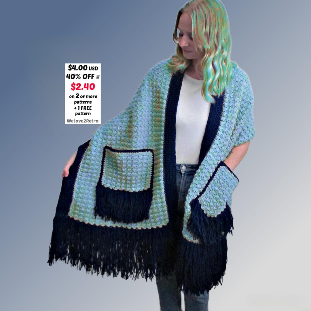 RETIREMENT-SALE*** Crochet Pocket Shawl - Easy Boho Wrap Fringe ...