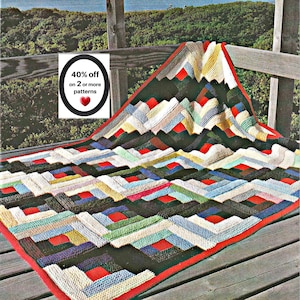 RETIREMENT-SALE*  Log Cabin Knit Afghan  Pattern • Patchwork Blanket - Stash-Buster Lap-Blanket (PDF)