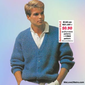 RETIREMENT-SALE***  Men’s Knit Cardigan Pattern PDF – Easy Vintage Boho Sweater-Cardigan,  Handmade Jacket Design