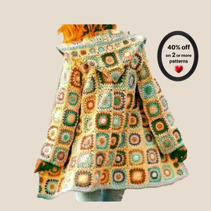 May include: A hooded cardigan made from a patchwork of multicolored crochet granny squares in shades of yellow, green, blue, and brown. The garment features long sleeves and a hood. Text on the image reads: 40% off on 2 or more patterns.