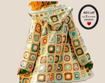 RETIREMENT-SALE* Crochet Hooded Granny Square Coat Pattern • Boho Jacket • Vintage Hoodie Cardigan PDF