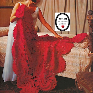 May include: A vibrant red crochet blanket featuring an intricate, repeating openwork pattern with scalloped edges. A white rectangular graphic overlay displays the black text 40% off on 2 or more patterns with a small red heart icon below it.