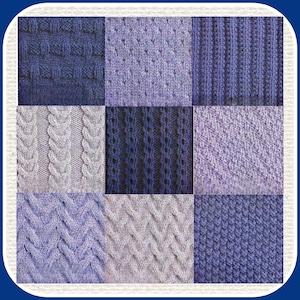 Op de afbeelding: Een raster van negen vierkante stofstalen met diverse breipatronen in blauw- en lavendeltinten. De texturen omvatten mandvlechtwerk, kabelbreiwerk, ribbels, diagonale steken en parelsteek, die verschillende garenconstructies tonen.