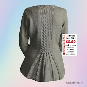 May include: A grey knitted sweater featuring a cable knit pattern on the back. The long-sleeved garment has a flared hem. The image includes text stating "Retirement Sale" and a price of £0.72.