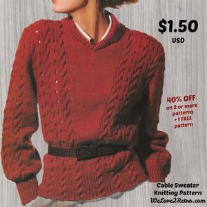 1252 Cable knit sweater pattern, cable sweater knitting pattern, knit cable pullover pattern, knit sweater pattern, sweater knitting pattern