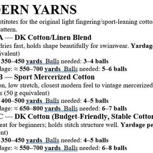 May include: A text-based informational guide titled MODERN YARNS, featuring a yellow star icon. It lists three yarn options for vintage swimwear patterns, including DK Cotton/Linen Blend, Sport Mercerized Cotton, and DK Cotton, with yardage requirements.