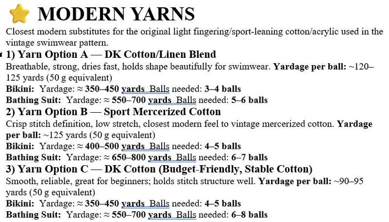 May include: A text-based informational guide titled MODERN YARNS, featuring a yellow star icon. It lists three yarn options for vintage swimwear patterns, including DK Cotton/Linen Blend, Sport Mercerized Cotton, and DK Cotton, with yardage requirements.