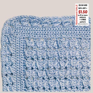 May include: A detailed view of a light blue crocheted piece, showcasing a complex pattern with a shimmering thread. The crochet design includes various stitch types. The image includes text that reads "Retirement SALE" and "Welove2Retro".